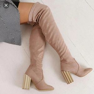Nude Over the Knee Boots with Gold Chunky Heel